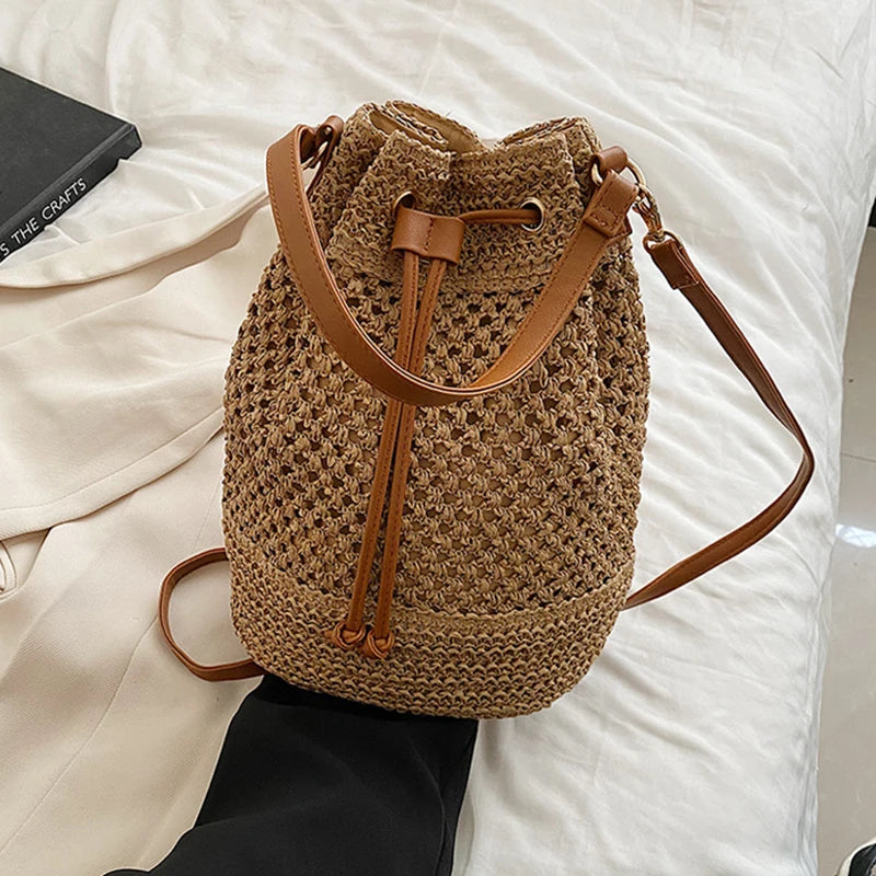 Braided Straw Bucket Bag, Drawstring Shoulder Crossbody Bag,