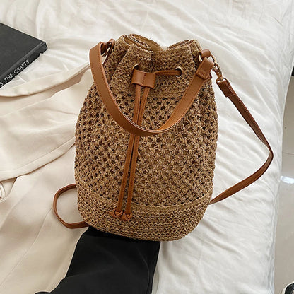 Braided Straw Bucket Bag, Drawstring Shoulder Crossbody Bag,