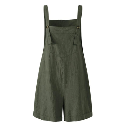 Women's New Sleeveless Square Collar Black White And Military Green Button Fashion Casual Suspender Shorts