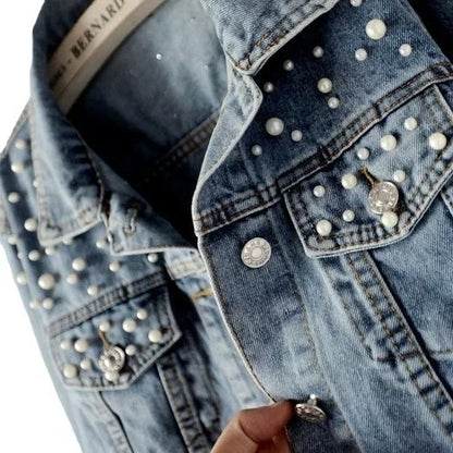 To Sizes 5XL Versatile Pearl Cropped Denim Jacket Loose Fit