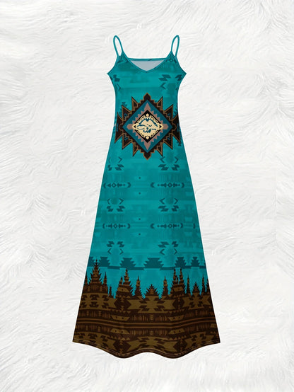 Boho Vintage Tribal Print V Neck Slip Dress Lightweight Breathable Fabric