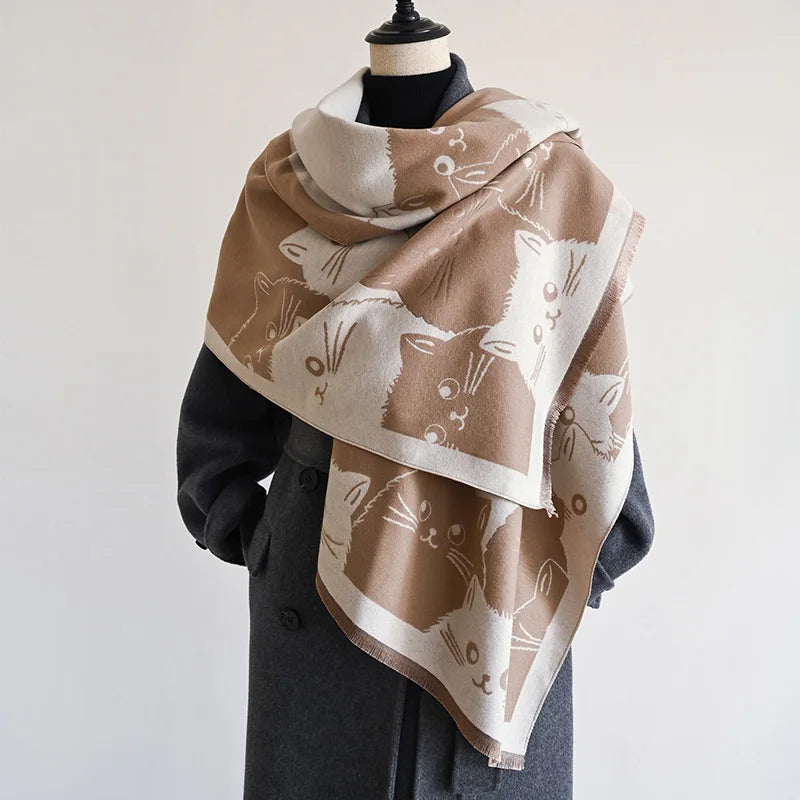 Cute Cat Ladies' Jacquard Pashmina Cashmere Scarf Thick Warm