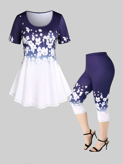 Plus Sizes to 4XL, 3D Printed Outfit, Floral Graphic Top and Matching Capri Leggings