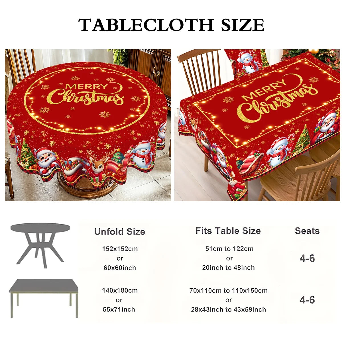 Christmas Santa Tablecloth, Round or Rectangle