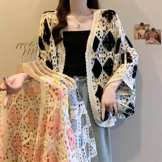 Bohemian Style Hollowed-out Long Sleeve Light Weight Sweater with V Neck and Batwing Sleeves